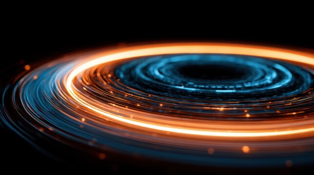 Abstract digital vortex of blue and orange light streaks