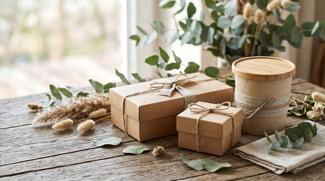 Eco-friendly gift packaging with natural kraft boxes and dry botanicals packaging sustainable cardboard botanical decoration minimalist wrapping birthday surprise handmade aesthetic