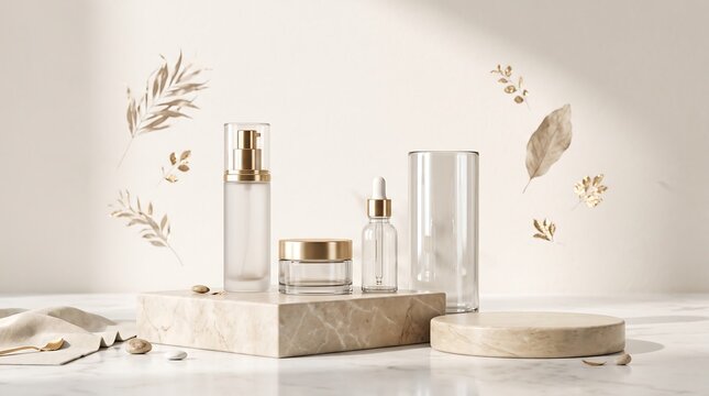 Luxury cosmetic beauty products displayed on stone pedestal with cosmetic skincare packaging pedestal branding minimalist wellness aesthetic treatment container botanical presentation