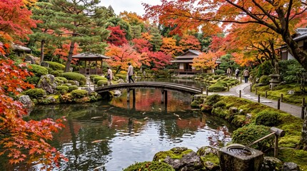 Obraz premium 紅葉と池、橋のある日本の庭園の風景