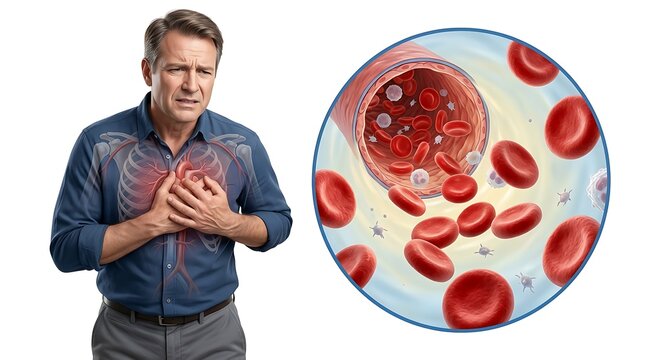 Man experiencing chest pain with a medical illustration of blood cells in a vessel