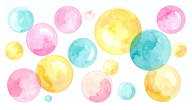Vibrant pastel watercolor soap bubbles float across a white background, evoking pure joy and creative inspiration. Perfect playful design for cheerful projects. Nobody included.