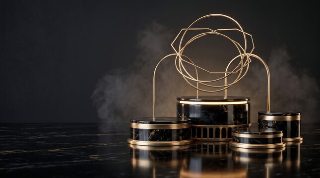 Elegant black and gold product display pedestals with circular background platform metallic minimalist abstract geometric sophisticated presentation marketing advertising background