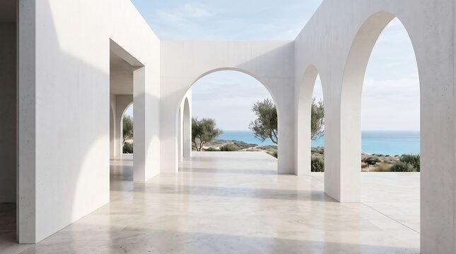 Mediterranean terrace with white arches overlooking the blue sea architecture mediterranean vacation sunlight building minimalist peaceful relaxing exterior paradise interior structure