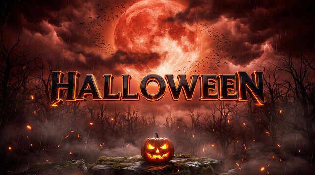 Halloween concept featuring glowing pumpkin under a giant red blood moon halloween jackolantern