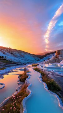Beautiful travertine pools in Pamukkale Turkey with thermal water reflections under colorful sunset sky
