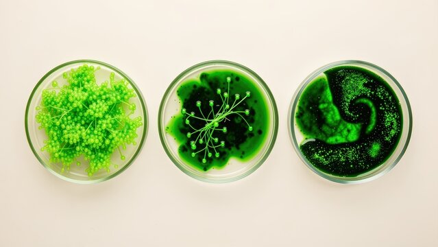 Top down symmetrical view of glass petri dishes with vibrant green microalgae cultures