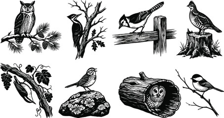 Vintage woodcut style bird illustrations set featuring owl woodpecker and forest wildlife in natural habitats © MstShapla