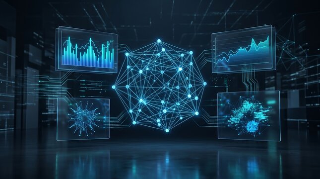Data science abstract visualization with connected nodes and digital screens technology visualization abstract connectivity information computing intelligence connection analysis futuristic