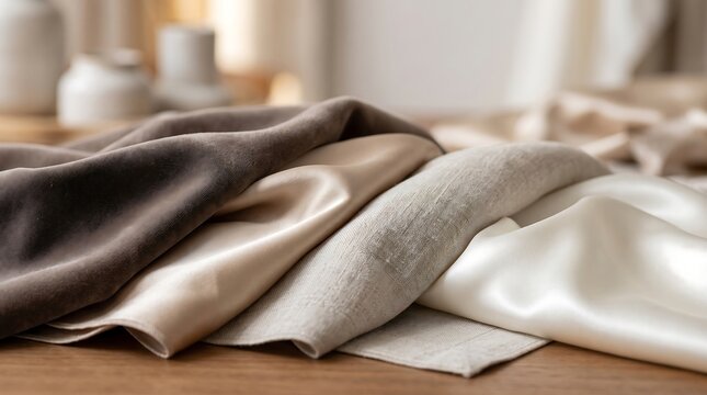 Collection of elegant silk and linen fabric swatches on wooden table with material interior tailoring background collection creative supplies clothing delicate