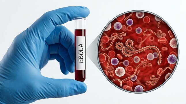 Gloved hand holding a test tube with ebola virus sample isolated on white background
