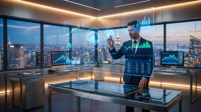 Businessman interacting with holographic data visualization in modern office at night time.