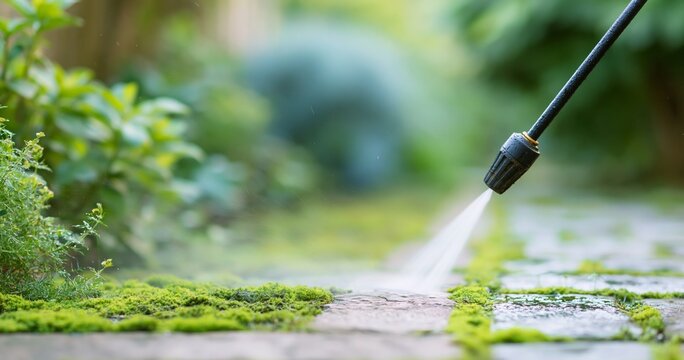 Pressure washing moss from stone pavement