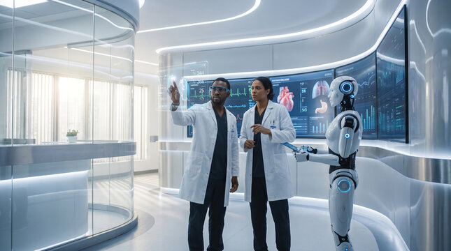 Doctors using futuristic holographic interface with robot assistant.