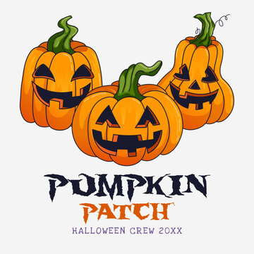 Distressed Font Pumpkin Patch Halloween typography design with three cute laughing  jack-o-lanterns with funny expressions, hand-drawn spooky vector illustration