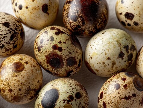 Top view of fresh quail eggs with brown spots