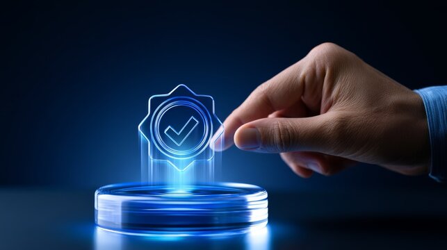Product traceability, circular retail, product compliance, Hand Interacting with Holographic Authenticity Badge for Product Protection and Verification in a Modern Digital Context