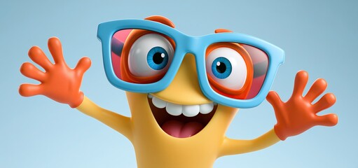 Obraz premium Animated sunglasses character enjoying a bright beach scene, ideal for summer vacation and family advertising.