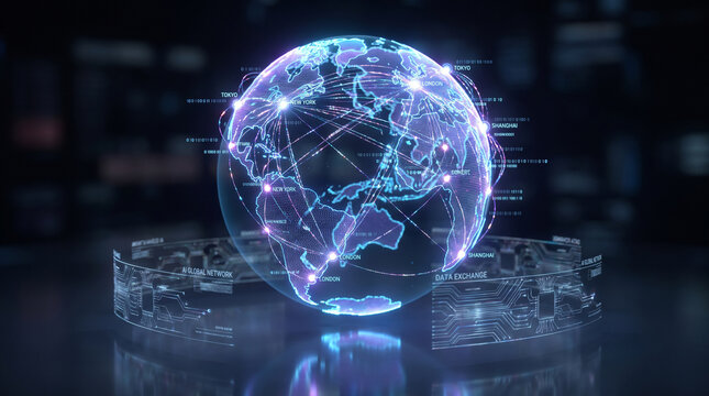 Interactive holographic earth globe showing ai global network and data exchange interface.