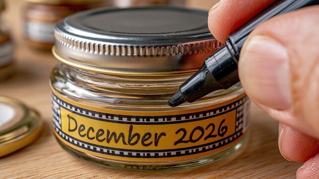 A close-up shot shows a hand writing 'december 2026' on a glass jar, symbolizing time capsule memories and future planning for cherished moments