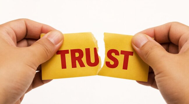 Hands Tearing Paper Card With Word Trust Concept