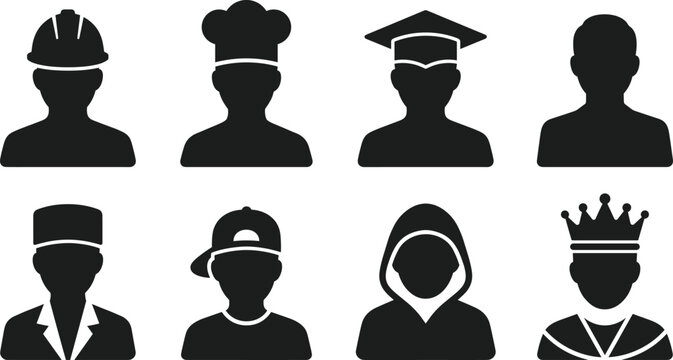 Set of black user avatar and profession icons representing various occupations and human roles