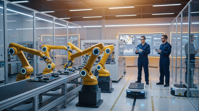 Industrial manufacturing workshop with robotic arms and autonomous mobile platform bots.