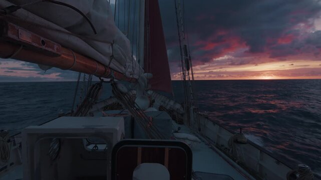 Expeditional sailing vessel moves in the Atlantic Ocean during sunrise