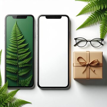 Modern Smartphones Fern Leaves Glasses Gift Box White Background