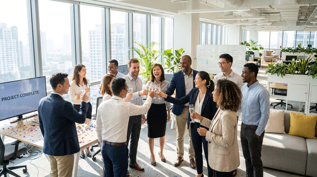 Business team celebrating project completion with champagne in a bright modern office.