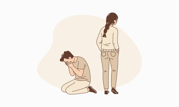 Heartbroken Man Crying in Despair while Woman is Walking Away Symbolizing Breakup Regret Vector