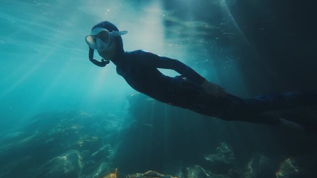 Woman freediver swims slowly in the tropical sea near the island of Ilha Grande in Brazil