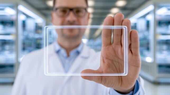 AI-Assisted Manufacturing and Digital Quality, Doctor or manager in lab portrays automation with hand gesture on interface in modern research environment