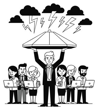 Bold businessman holding giant umbrella shielding diverse team from falling obstacles and challenges, concept for leadership protection, corporate resilience, and teamwork under pressure, ideal for