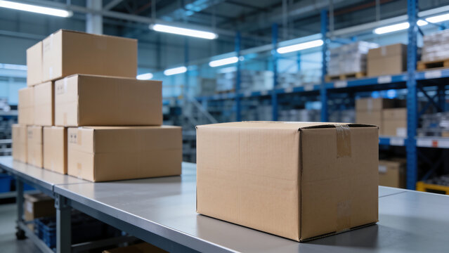 Generative AI captures a warehouse with stacked cardboard boxes on tables