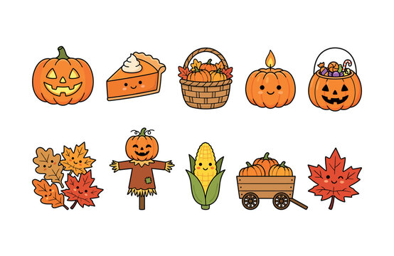 Cute cartoon halloween icons set with pumpkins scarecrow and autumn foliage, jack o lantern