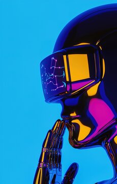 Futuristic person wearing virtual reality headset. Cyberpunk character exploring digital metaverse technology.