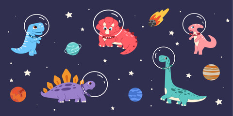 Kids illustration set with cute dinosaur astronauts in space helmets. Colorful dinos flying with planets, stars, and meteors on dark background. Vector clipart elements collection  © Инна Музыка
