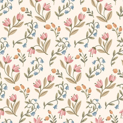 Obraz premium Seamless floral pattern, delicate ditsy print in a decorative folk motif. Cute botanical design of hand drawn wild plants, small flowers, tiny leaves, thin twigs in pastel colors. Vector illustration.
