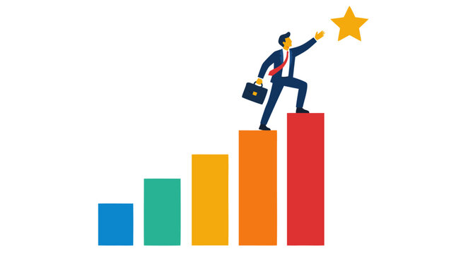Ambitious businessman climbing colorful rising bars while reaching for a golden star, symbolizing career advancement, measurable success, professional achievement, competition, goals, and excellence