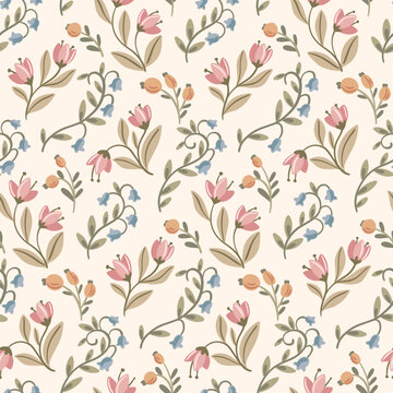 Seamless floral pattern, delicate ditsy print in a decorative folk motif. Cute botanical design of hand drawn wild plants, small flowers, tiny leaves, thin twigs in pastel colors. Vector illustration.