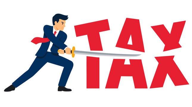Determined businessman slicing through the bold red word TAX with a sword, dramatic flat vector illustration symbolizing tax reduction, financial freedom, reform and business success