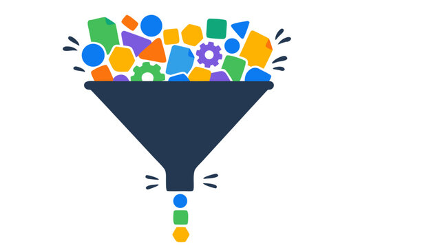 Large business funnel overwhelmed by colorful shapes and gears, symbolizing workflow bottlenecks, operational delays, process inefficiency, resource filtering, productivity challenges, and