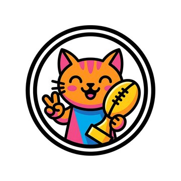 Cute cartoon cat holding a football trophy. Happy kitten winner showing victory sign.