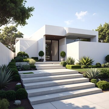 Modern White Villa Entrance with Clean Concrete Steps and Landscaping
