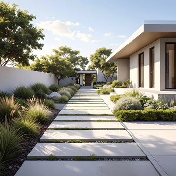 Modern Minimalist Pathway Through White Concrete House Garden
