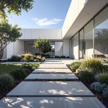 Modern Minimalist Courtyard Pathway to White Building
