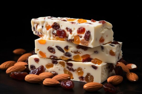 A stack of Italian torrone sits enticingly on a wooden board, adorned with almonds, pecans, and citrus, suggesting a feast of flavors.