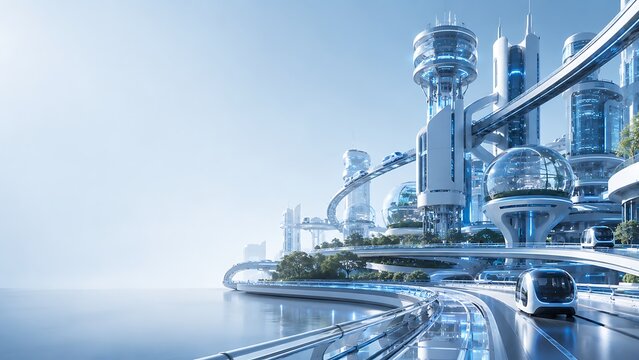 Futuristic smart city infrastructure with autonomous transport system and sustainable skyscrapers. futuristic AI robot automation using. futuristic AI robot automation using digital interface