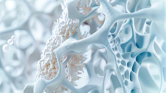 3D medical concept bone cross-section comparing porous and dense bone with calcium molecules scanning interface